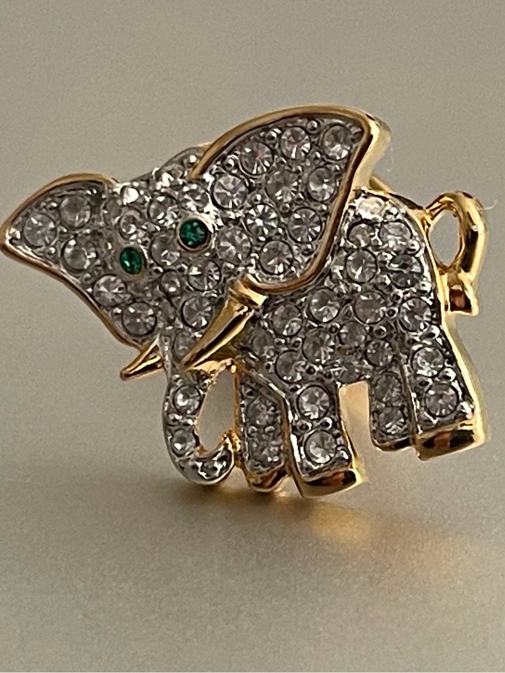 Swarovski Swan Gold-Tone Crystal Elephant Pin Brooch - Green Eye Accent
